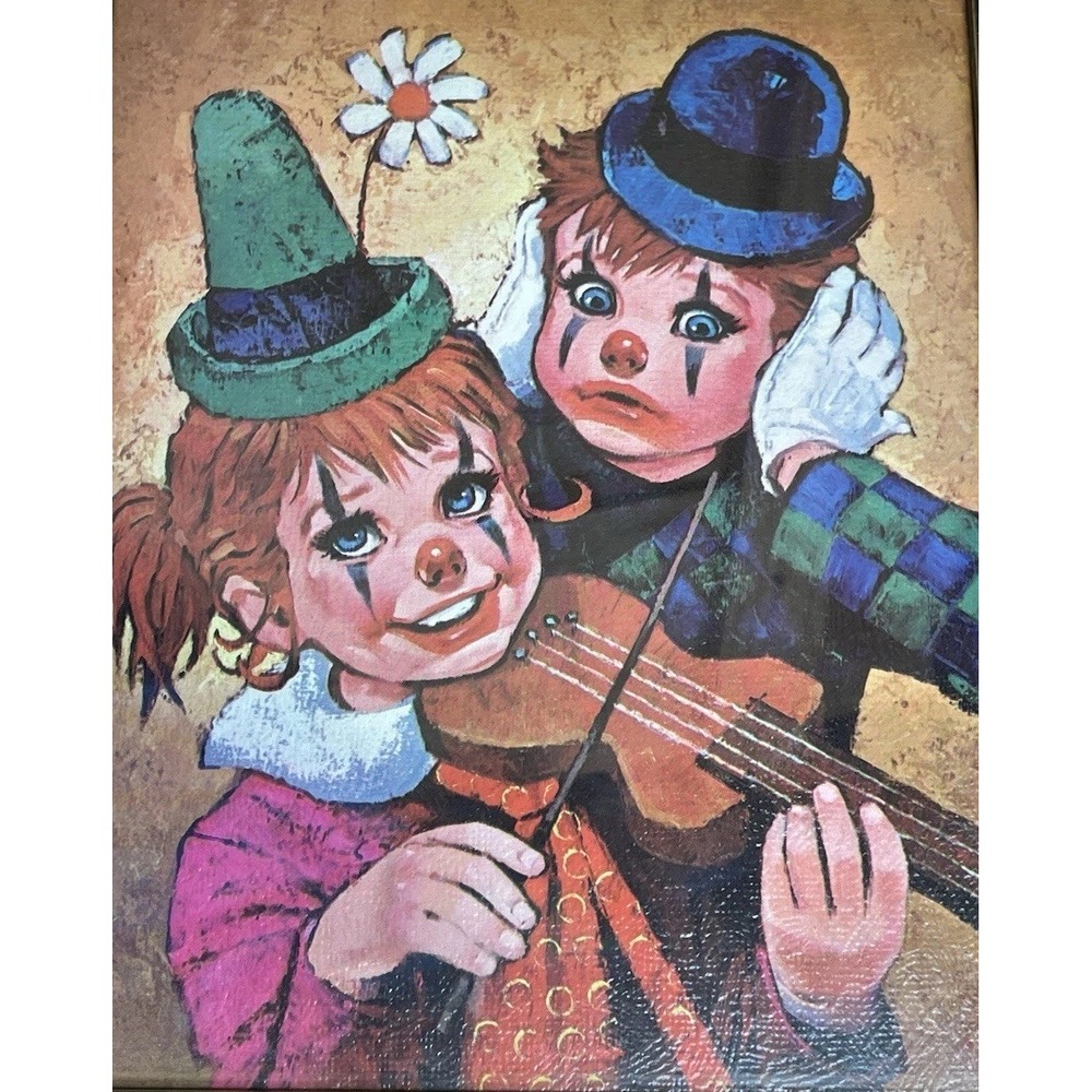 D.A.C. N.Y. Clowns Lithograph Kids Children Carved Wood Frame Creepy Violin